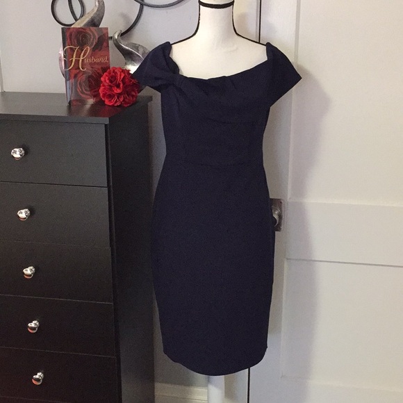 Navy Blue off Shoulder Sheath Dress Sz 8 - Picture 1 of 5